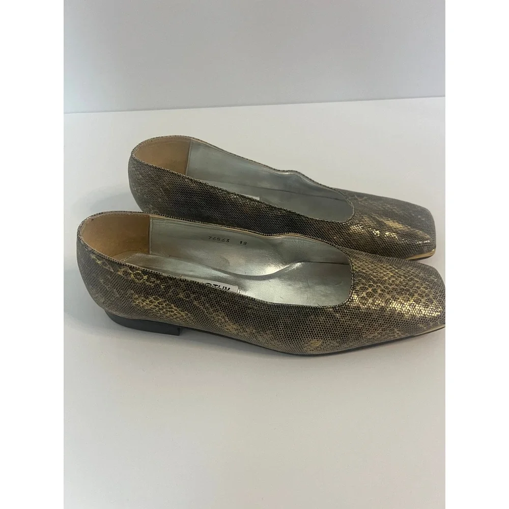 Timothy Hitsman Womens Snakeskin Embossed Square Toe Flats Gold Metallic Vintage